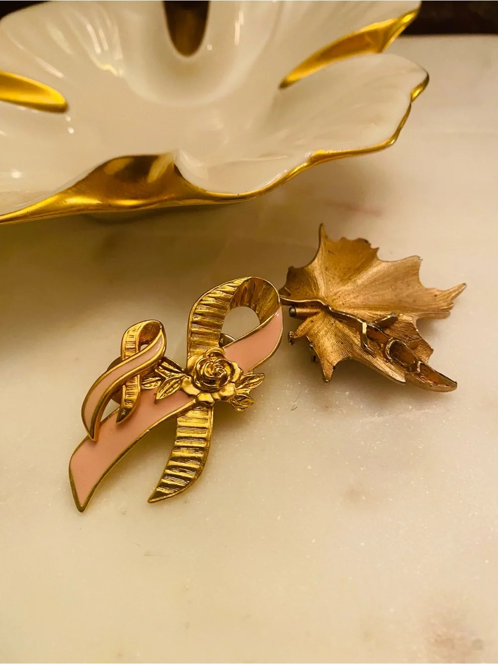 Bundle of Gold-Tone Vintage Brooches – Pink Ribbon, Pink Ribbon & Rose, & Leaf